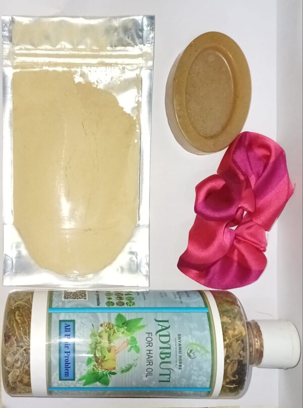 Combo Pack Shyanu Herbs Soap, Jadibuti Mixed, Sandalwood Face Pack Powder, Scrunchies