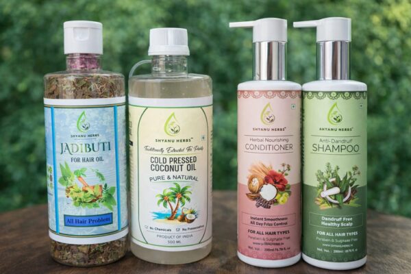 Shyanu Herbs Combo Pack  (Jadibuti, cold press coconut oil, Anti-Dandruff Shampoo & Herbal Nourishing Conditioner)